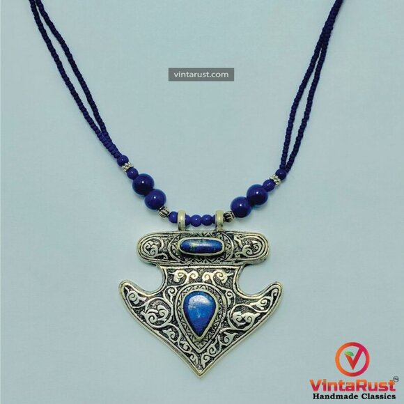 Handmade Lapis Lazuli Necklace, Tribal Beaded Chain Pendant Necklace, Gemstone - Picture 6 of 15